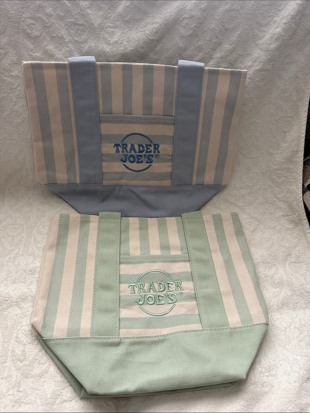NWT! 2 Pcs. Trader Joe’s Mini Striped Canvas Tote Bag - Light Blue and Mint